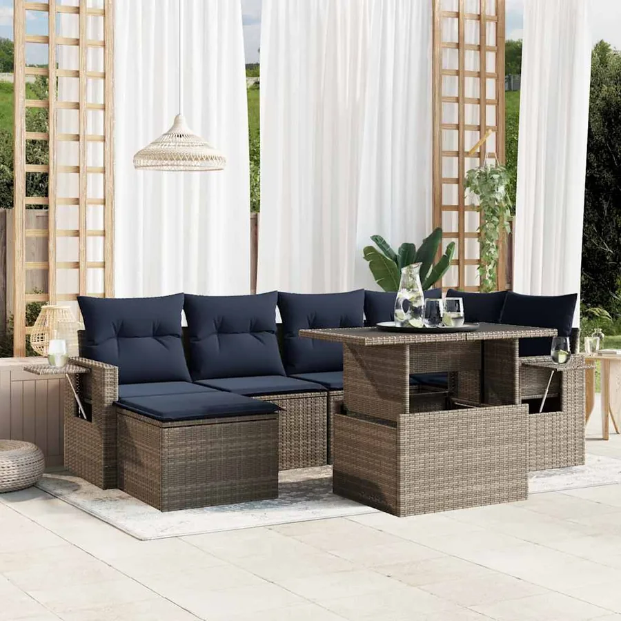 Ensemble de canapé de jardin 7 pcs avec coussins gris résine tressée