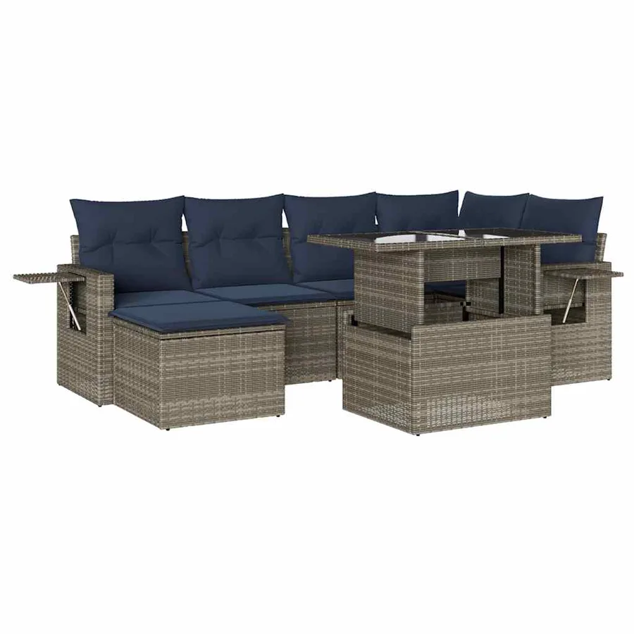 Ensemble de canapé de jardin 7 pcs avec coussins gris résine tressée - 2
