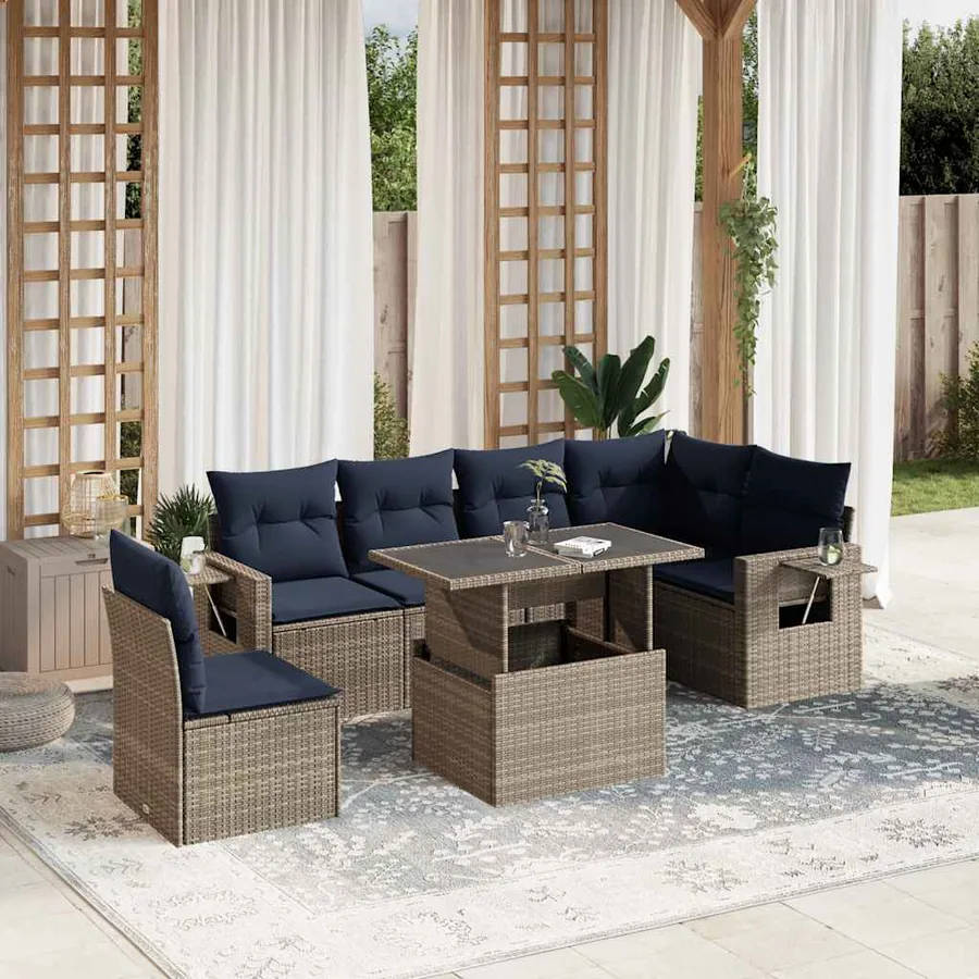 Ensemble de canapé de jardin 7 pcs avec coussins gris résine tressée