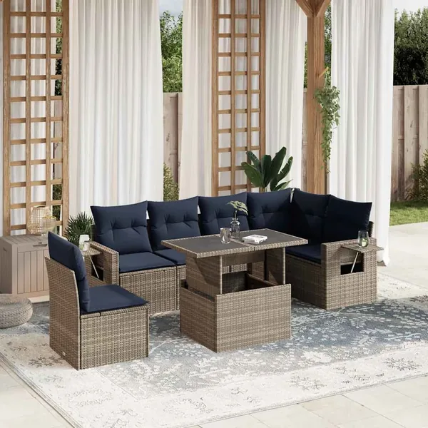 Ensemble de canapé de jardin 7 pcs avec coussins gris résine tressée
