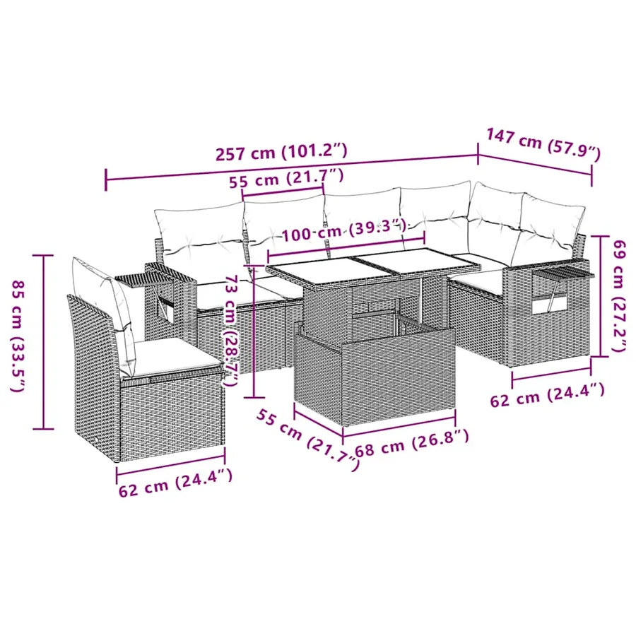 Ensemble de canapé de jardin 7 pcs avec coussins gris résine tressée - 11