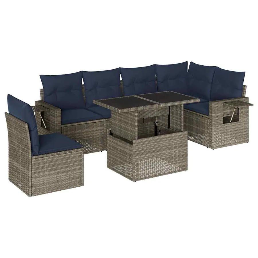 Ensemble de canapé de jardin 7 pcs avec coussins gris résine tressée - 2