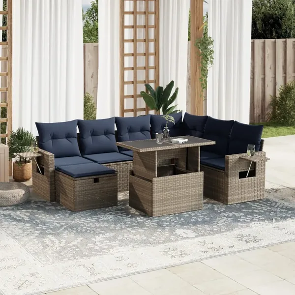 Ensemble de canapé de jardin 8 pcs avec coussins gris résine tressée