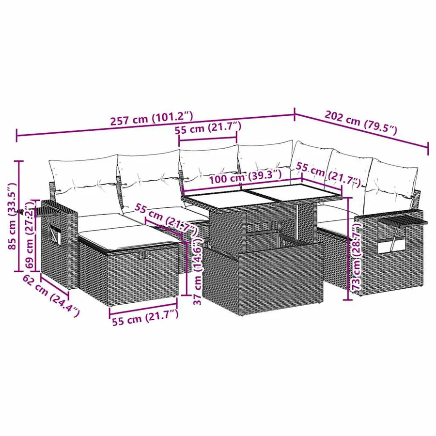 Ensemble de canapé de jardin 8 pcs avec coussins gris résine tressée - 14