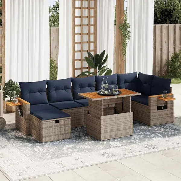Salon de jardin 8pcs avec coussins gris résine tressée acacia