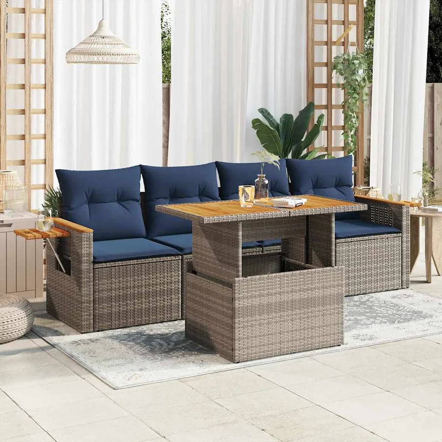 Salon de jardin 5 pcs avec coussins gris résine tressée