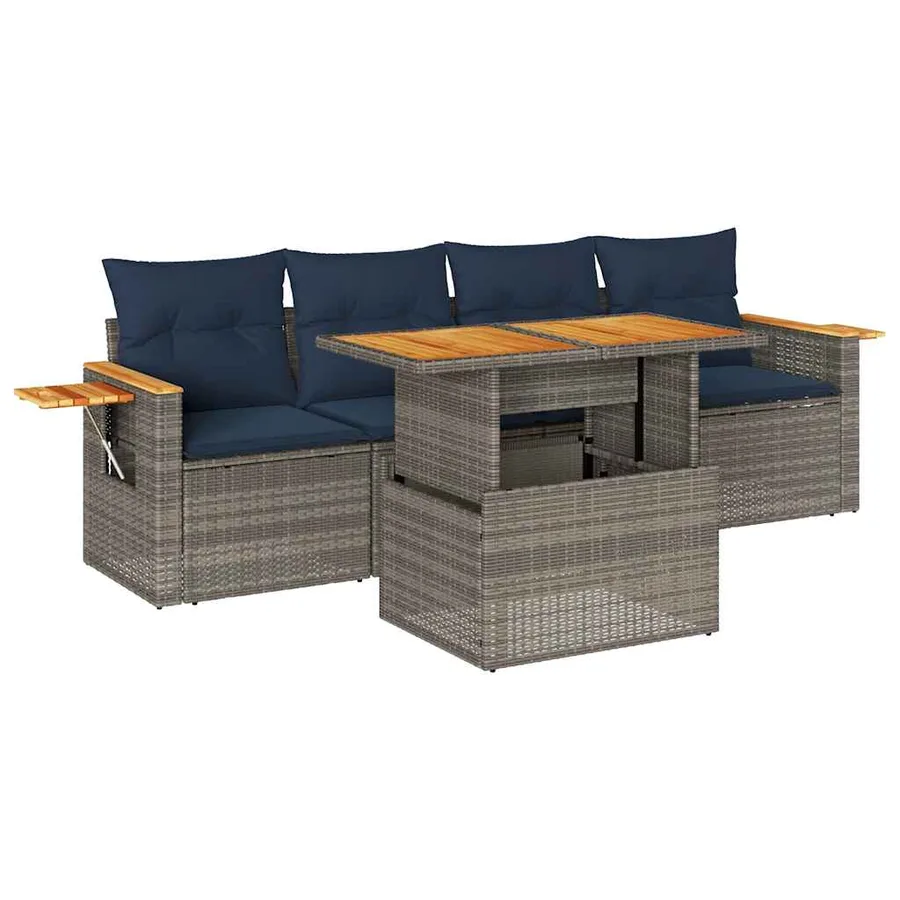 Salon de jardin 5 pcs avec coussins gris résine tressée - 2