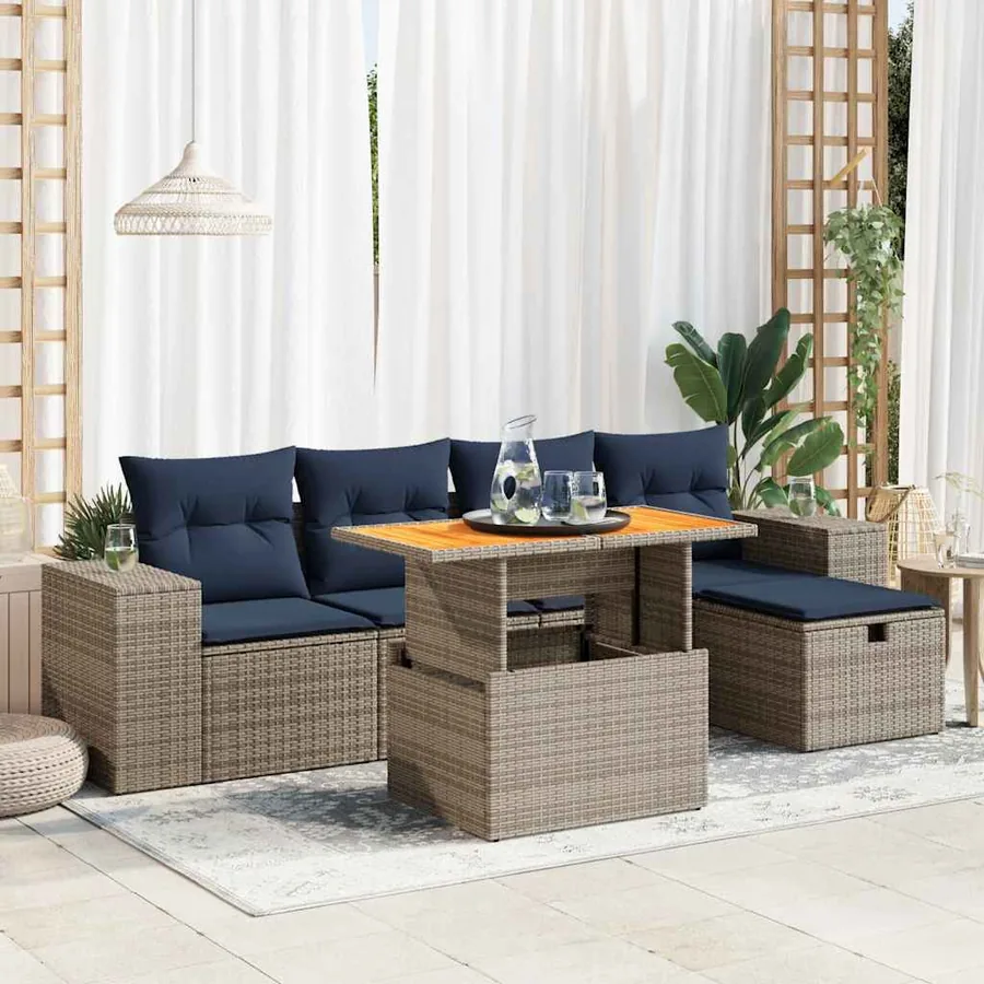Salon de jardin 6 pcs avec coussins noir résine tressée acacia