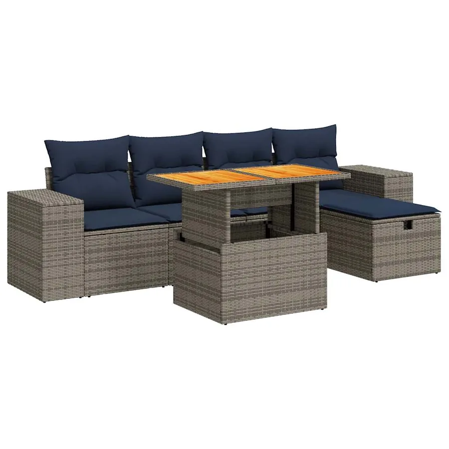 Salon de jardin 6 pcs avec coussins noir résine tressée acacia - 2