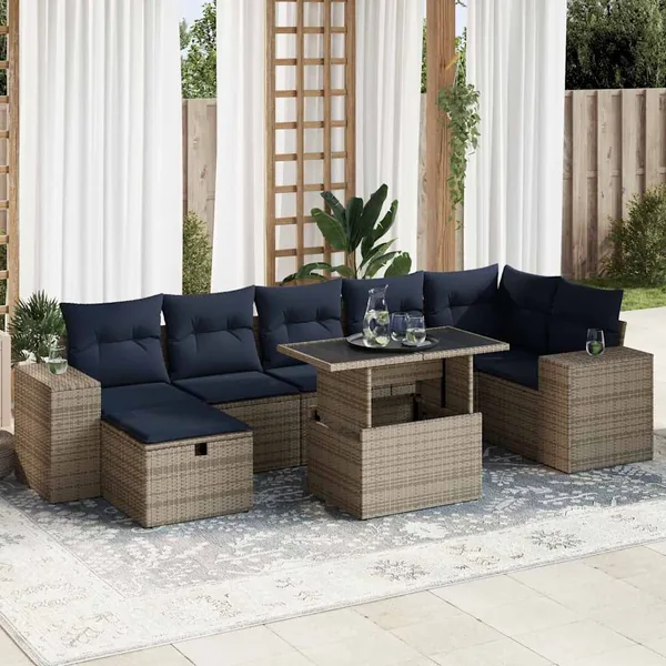 Salon de jardin 8pcs avec coussins marron résine tressée acacia
