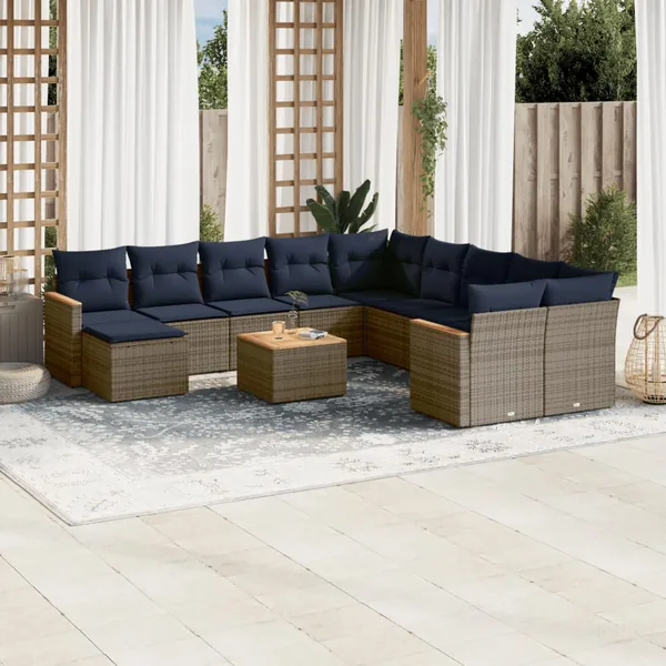 Ensemble de canapé de jardin 12 pcs avec coussins gris résine tressée