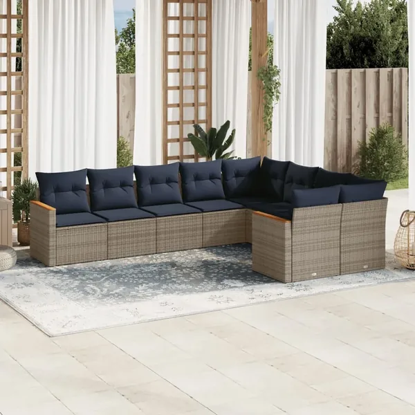 Ensemble de canapé de jardin 9 pcs avec coussins gris résine tressée