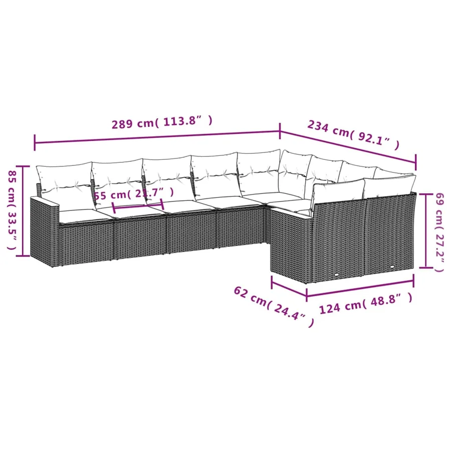 Ensemble de canapé de jardin 9 pcs avec coussins gris résine tressée - 7