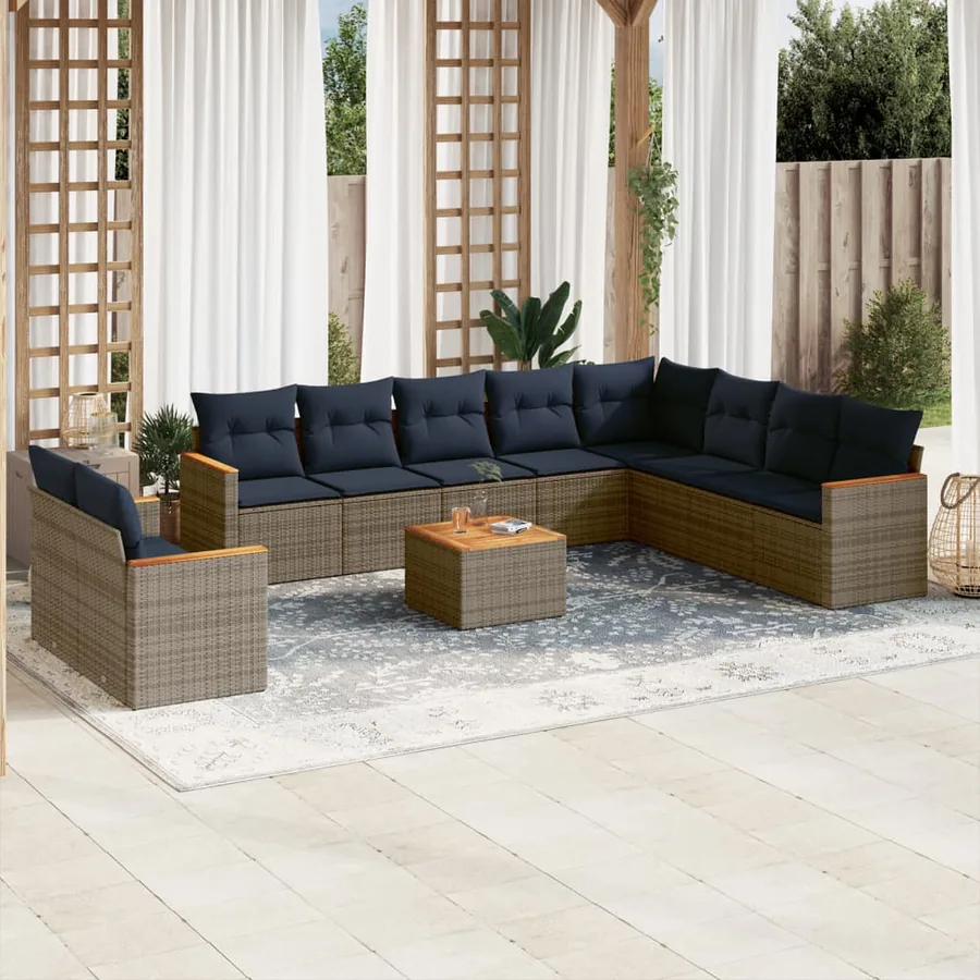 Ensemble de canapé de jardin 11 pcs avec coussins gris résine tressée