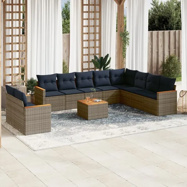 Ensemble de canapé de jardin 11 pcs avec coussins gris résine tressée
