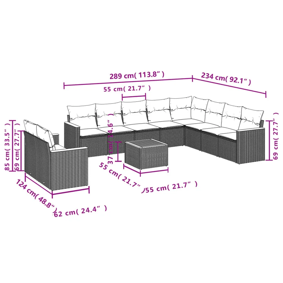 Ensemble de canapé de jardin 11 pcs avec coussins gris résine tressée - 8