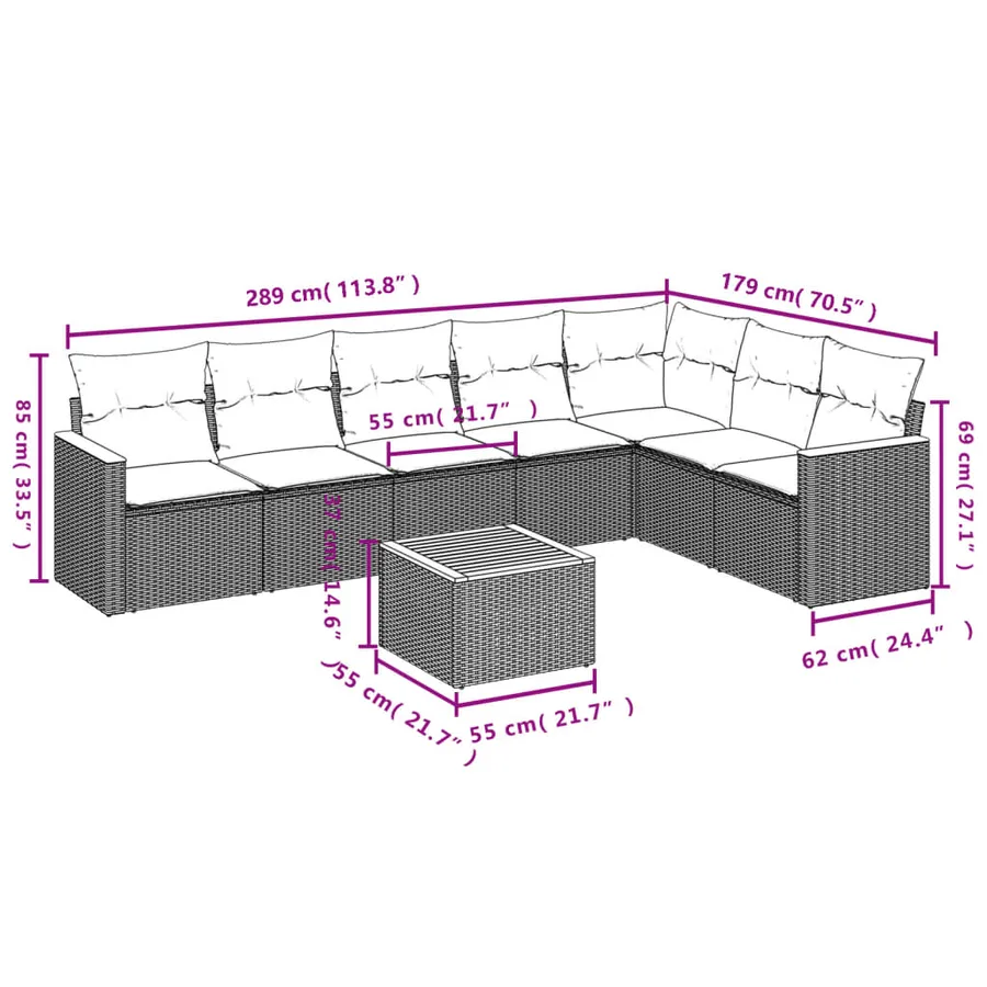 Ensemble de canapé de jardin 8 pcs avec coussins gris résine tressée - 8