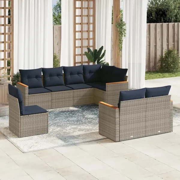 Ensemble de canapé de jardin 8 pcs avec coussins gris résine tressée