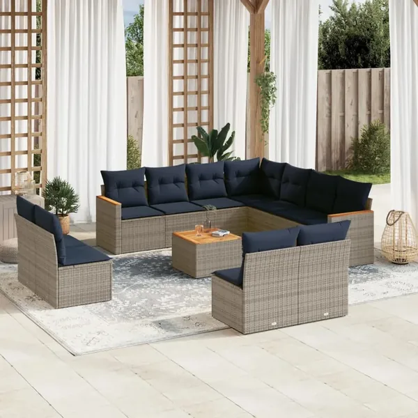 Ensemble de canapé de jardin 12 pcs avec coussins gris résine tressée