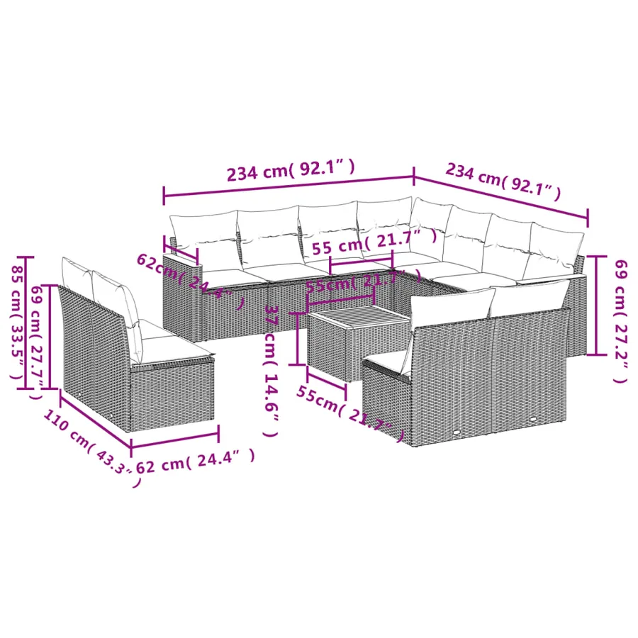 Ensemble de canapé de jardin 12 pcs avec coussins gris résine tressée - 9