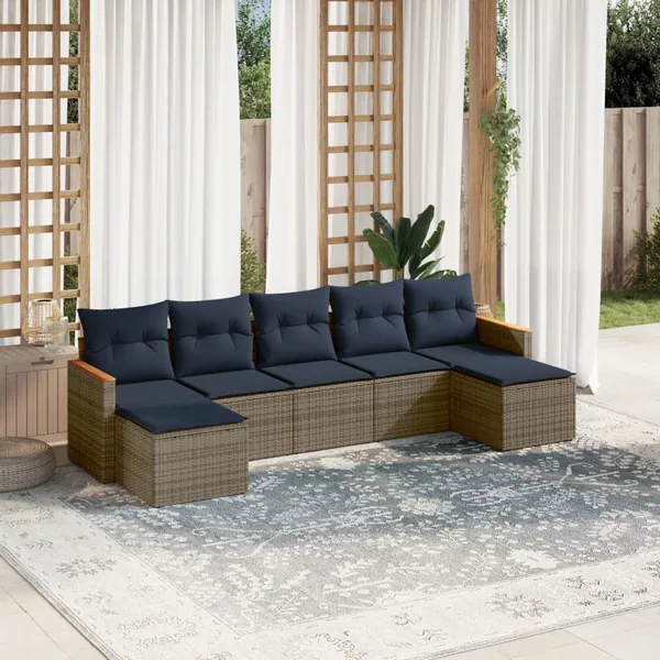 Ensemble de canapé de jardin 7 pcs avec coussins gris résine tressée
