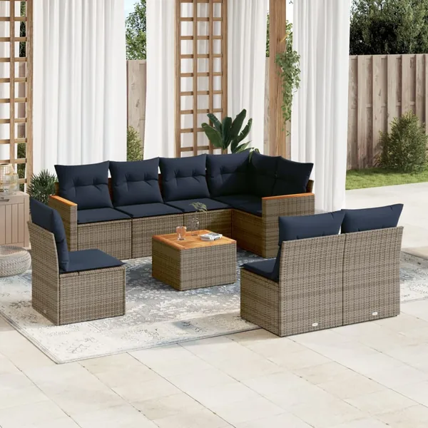 Ensemble de canapé de jardin 9 pcs avec coussins gris résine tressée