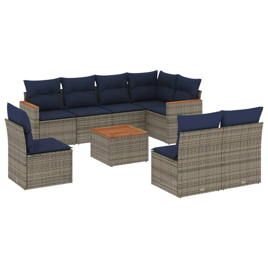 Ensemble de canapé de jardin 9 pcs avec coussins gris résine tressée - 2