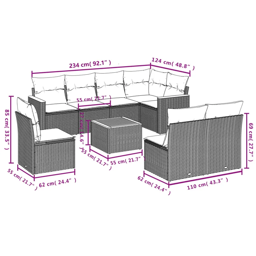 Ensemble de canapé de jardin 9 pcs avec coussins gris résine tressée - 8