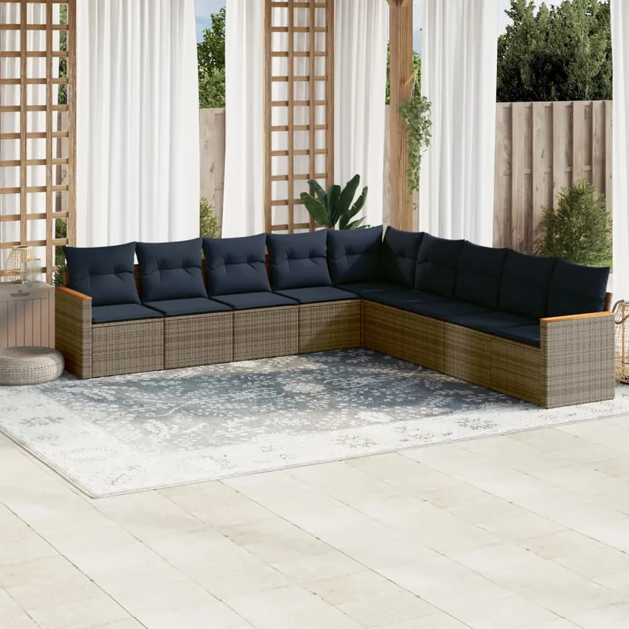 Ensemble de canapé de jardin 9 pcs avec coussins gris résine tressée