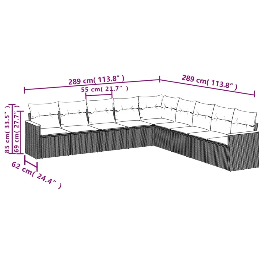Ensemble de canapé de jardin 9 pcs avec coussins gris résine tressée - 7