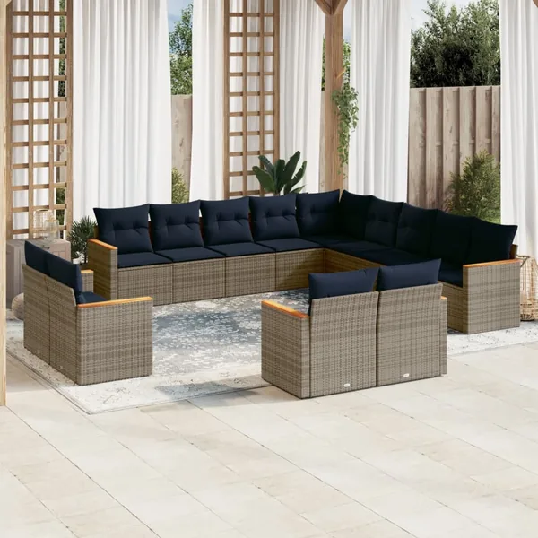Ensemble de canapé de jardin 13 pcs avec coussins gris résine tressée
