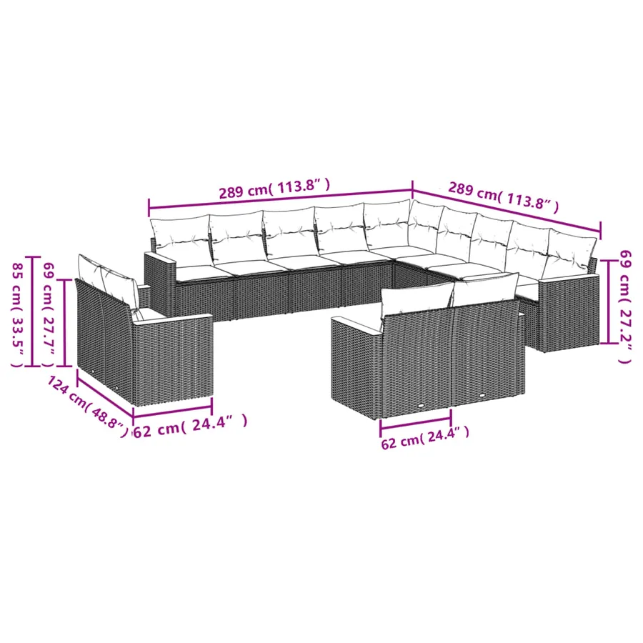 Ensemble de canapé de jardin 13 pcs avec coussins gris résine tressée - 7