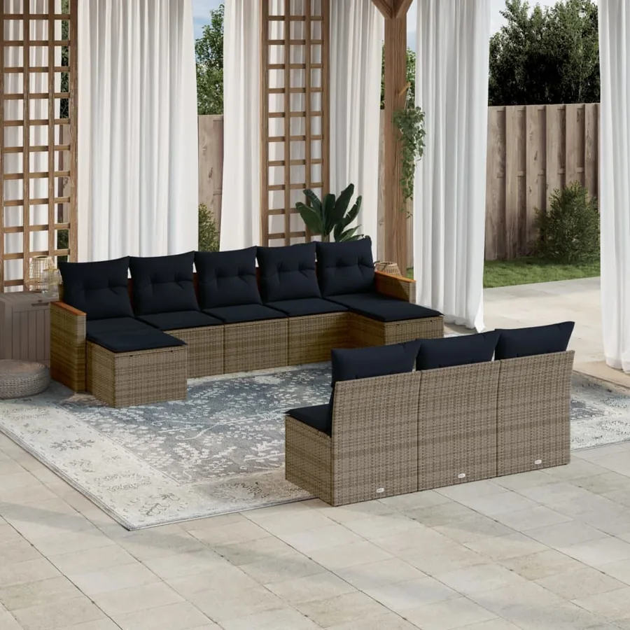 Ensemble de canapé de jardin 10 pcs avec coussins gris résine tressée