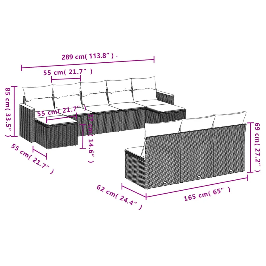 Ensemble de canapé de jardin 10 pcs avec coussins gris résine tressée - 8