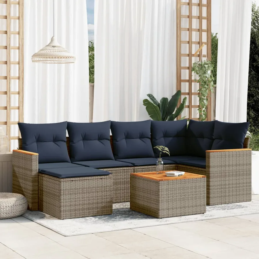 Ensemble de canapé de jardin 7 pcs avec coussins gris résine tressée