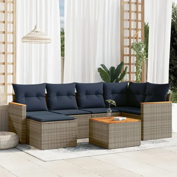 Ensemble de canapé de jardin 7 pcs avec coussins gris résine tressée
