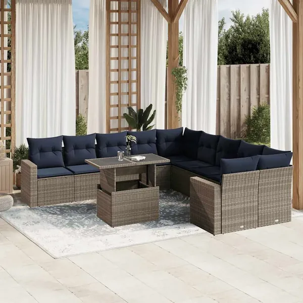 Ensemble de canapé de jardin 11 pcs avec coussins gris résine tressée