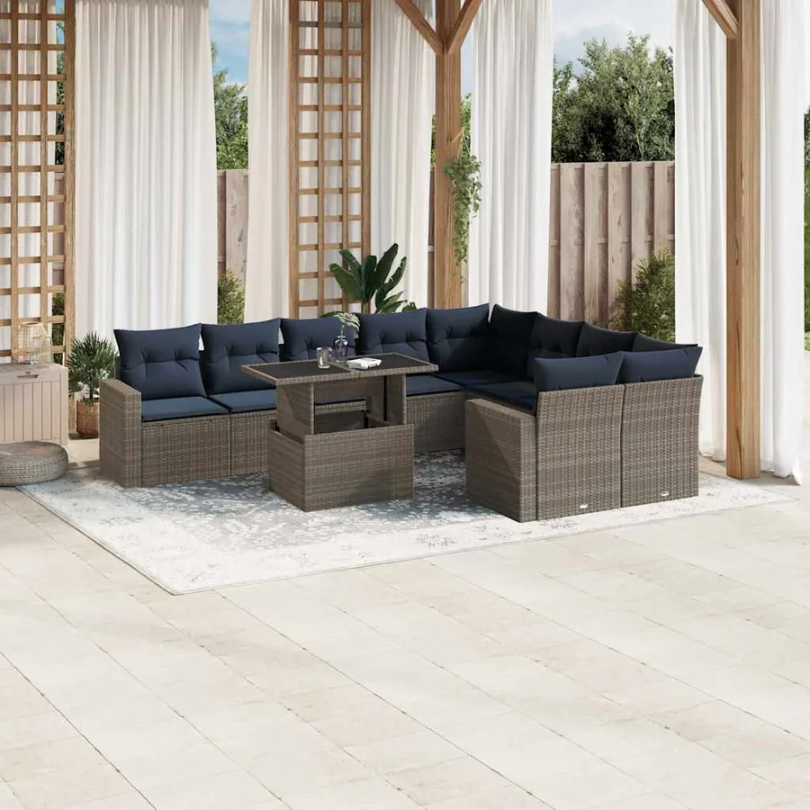 Ensemble de canapé de jardin 10 pcs avec coussins gris résine tressée