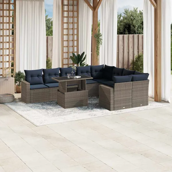 Ensemble de canapé de jardin 10 pcs avec coussins gris résine tressée