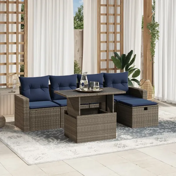 Ensemble de canapé de jardin 6 pcs avec coussins gris résine tressée