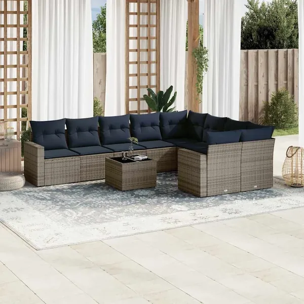 Salon de jardin 10 pcs avec coussins gris résine tressée