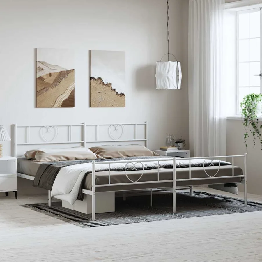 Cadre de lit métal sans matelas et pied de lit blanc 183x213 cm