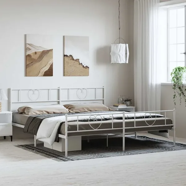 Cadre de lit métal sans matelas et pied de lit blanc 183x213 cm