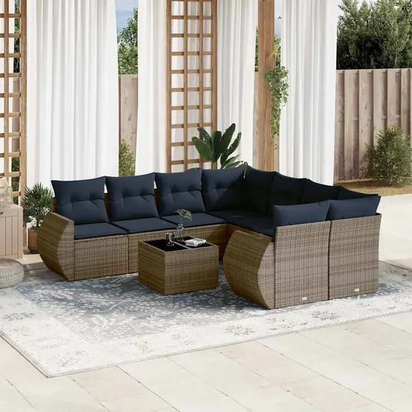 Ensemble de canapé de jardin 9 pcs avec coussins gris résine tressée