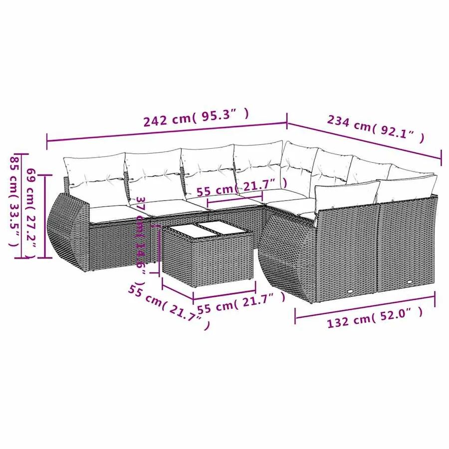 Ensemble de canapé de jardin 9 pcs avec coussins gris résine tressée - 21