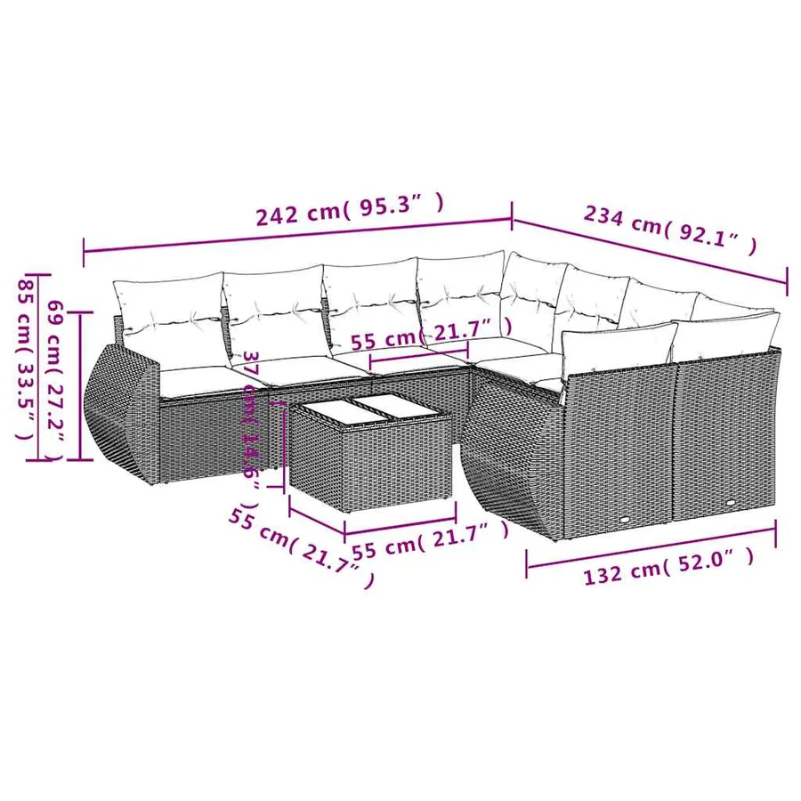 Ensemble de canapé de jardin 9 pcs avec coussins gris résine tressée - 8