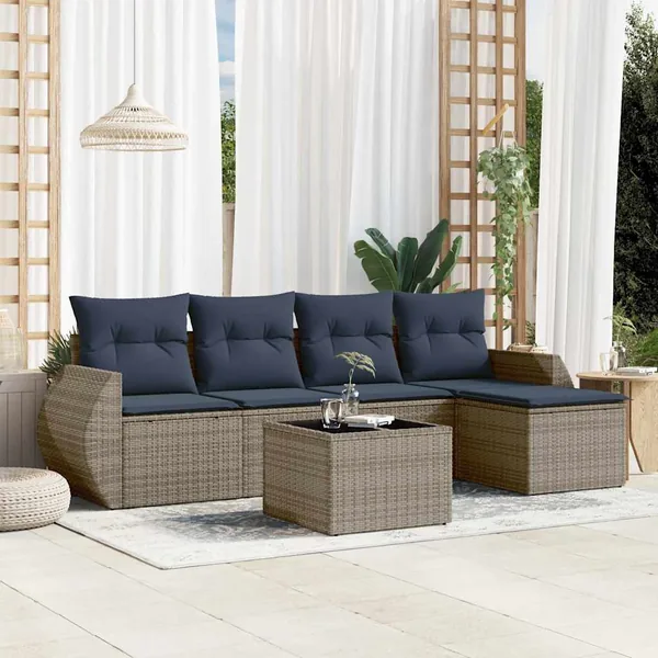 Ensemble de canapé de jardin 6 pcs avec coussins gris résine tressée