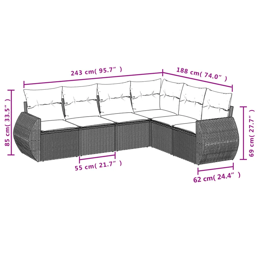 Ensemble de canapé de jardin 6 pcs avec coussins gris résine tressée - 7