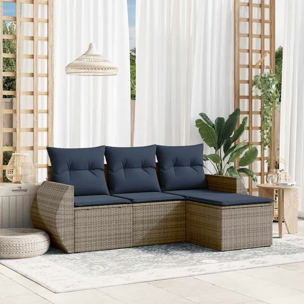 Ensemble de canapé de jardin 4 pcs avec coussins gris résine tressée