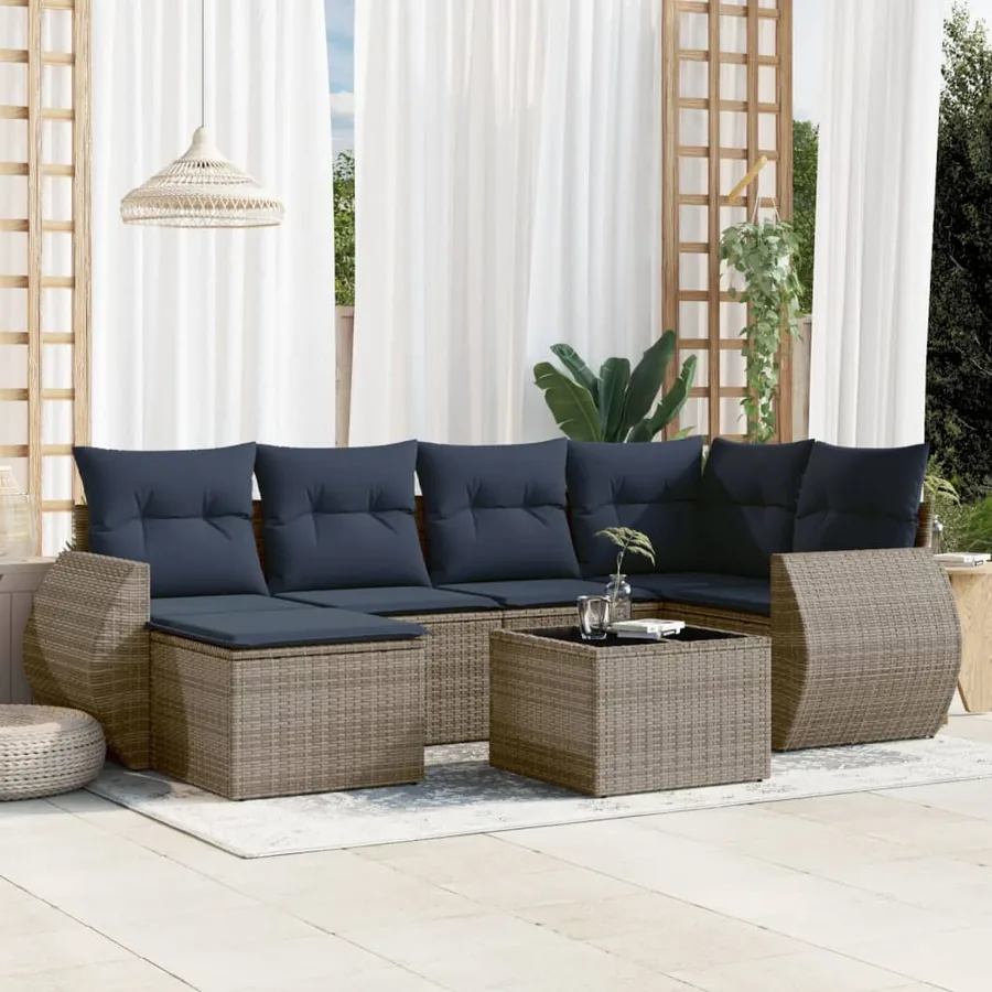 Ensemble de canapé de jardin 7 pcs avec coussins gris résine tressée